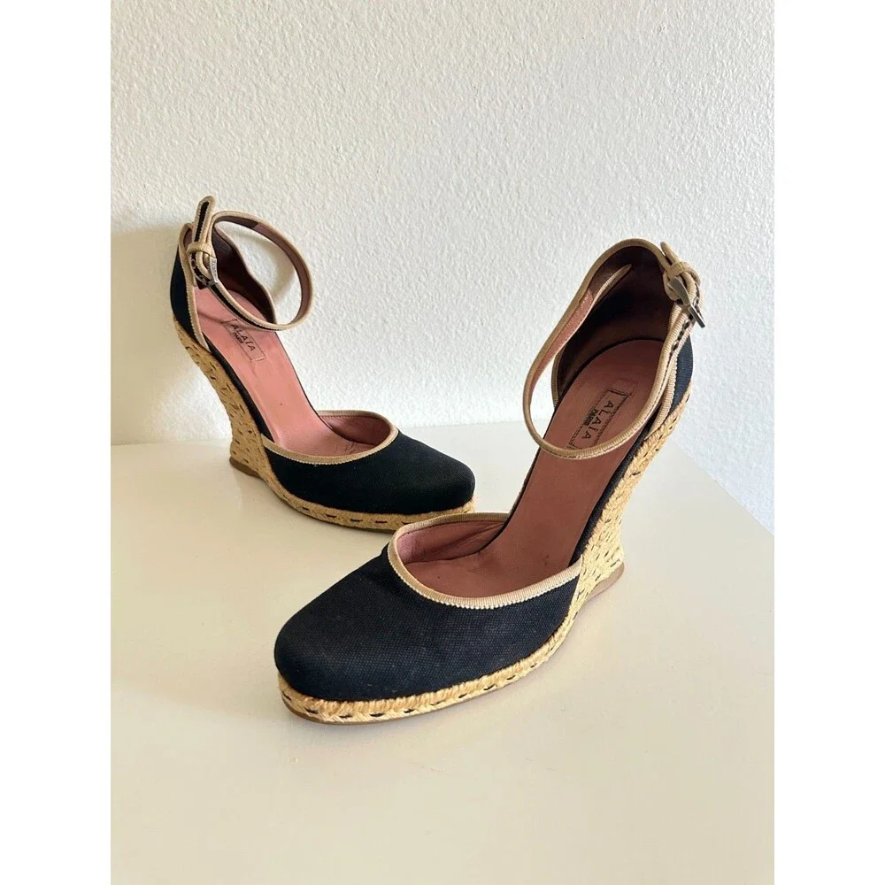 ALAIA Wedge Espadrille Sandals Canvas Almond Toe Ankle Strap Black Women's EU 38